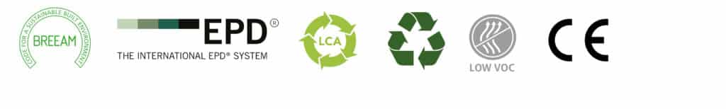 BREEAM, EPD, LCA, Recyclable, LOW VOC, CE certified